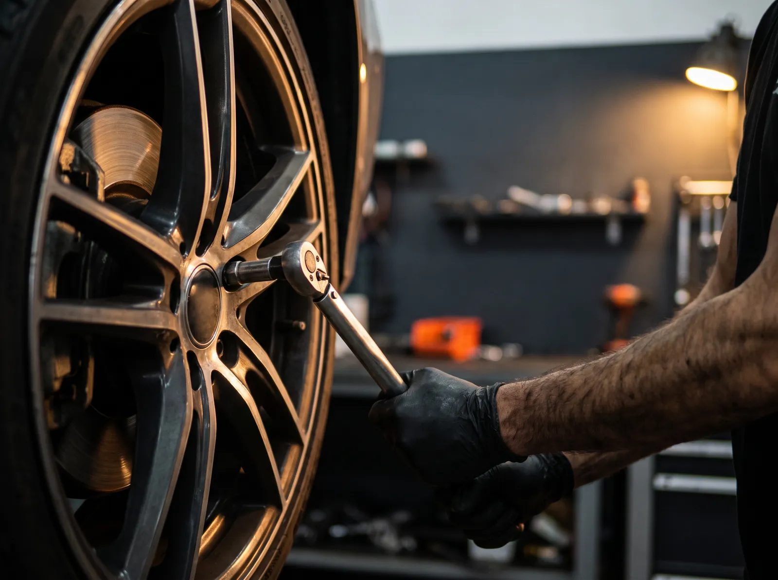 Technician torquing a wheel during a brake service at Todd's Auto Clinic